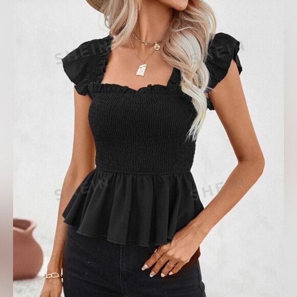 SHEIN lune blouse with ruffles and elastic waist, Black size l y m - Picture 5 of 5